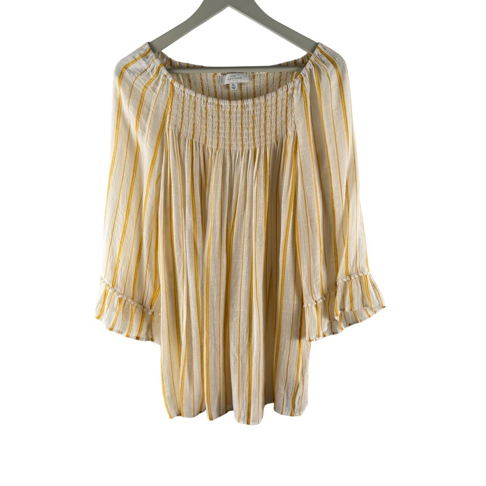 New Directions Womens XL Yellow White Striped Off Shoulder Blouse Top Semi Sheer